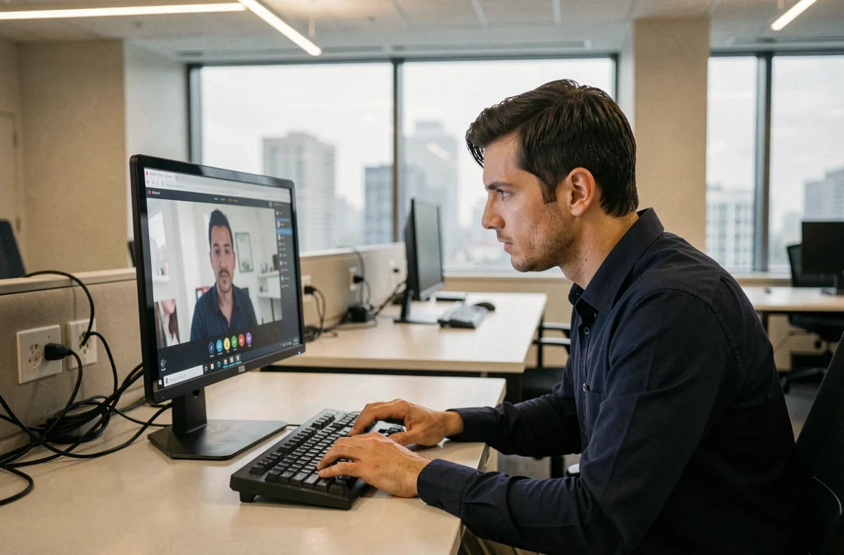 Homme utilisant un service de chat vidéo anonyme sur un ordinateur de bureau dans un bureau moderne, soulevant des questions sur la confidentialité et la sécurité des données personnelles