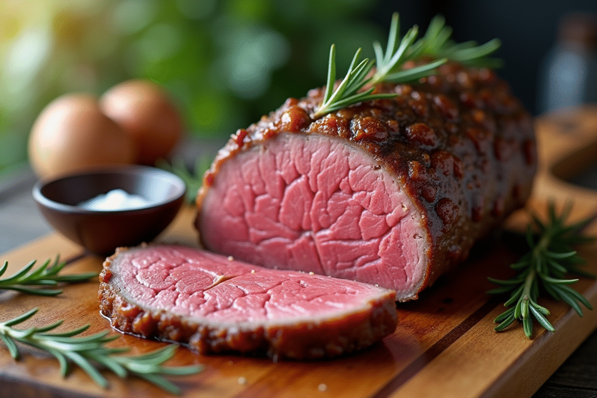 Rôti de boeuf tranché avec croûte croustillante et intérieur rose
