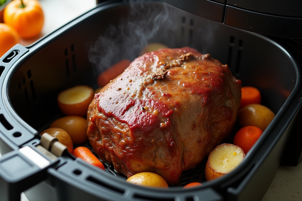 Rôti de boeuf dans un air fryer avec légumes rôtis