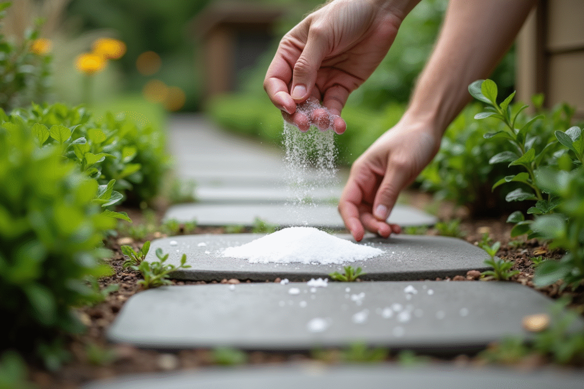 Main de jardinier saupoudrant du sel sur un chemin en pierre avec des mauvaises herbes