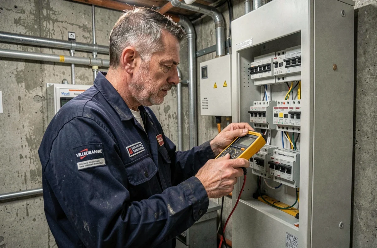 Électricien SARL EGBA testant un tableau électrique avec un multimètre dans une chaufferie d'immeuble à Villeurbanne