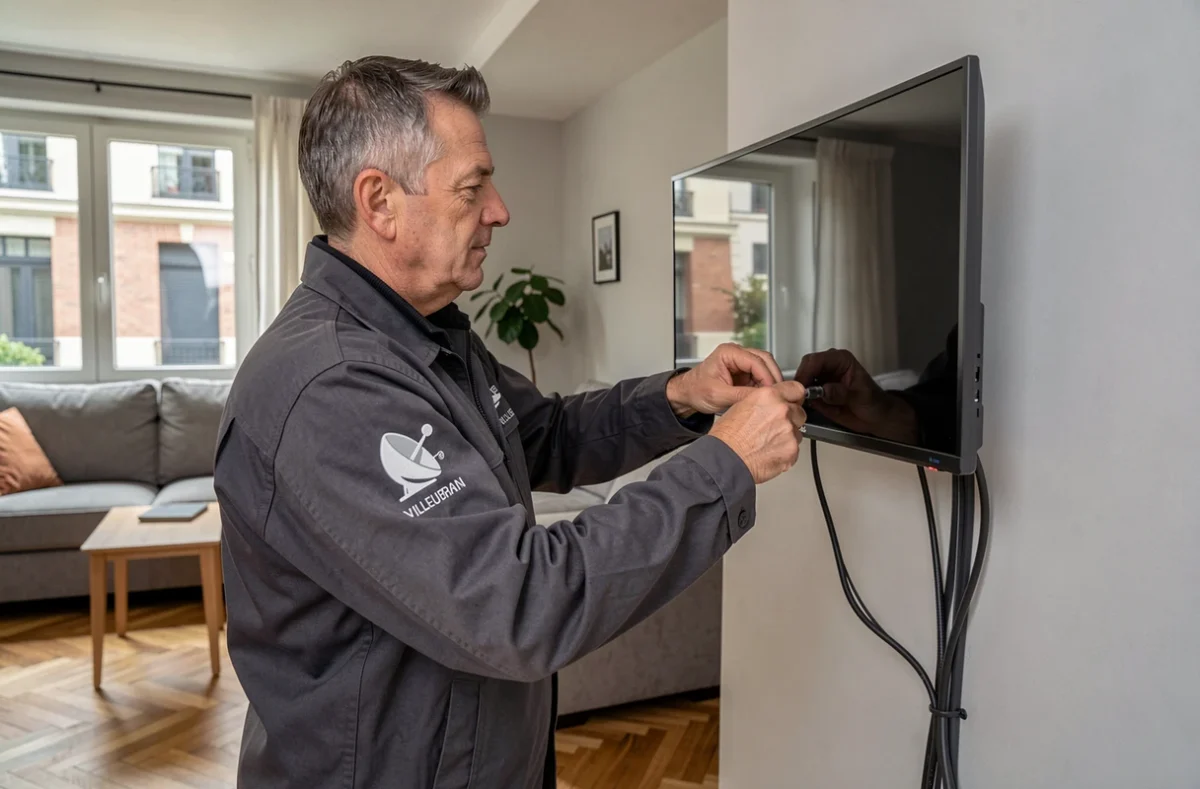 Technicien Sat'Vidéo installant un téléviseur mural avec gestion des câbles dans un salon moderne à Villeurbanne