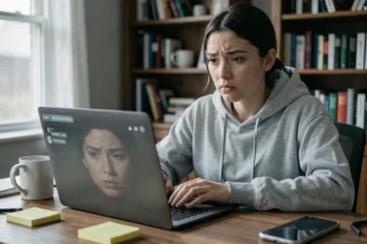 Jeune femme utilisant un site de chat anonyme sur son ordinateur portable à domicile, illustrant les risques pour la confidentialité des données en ligne