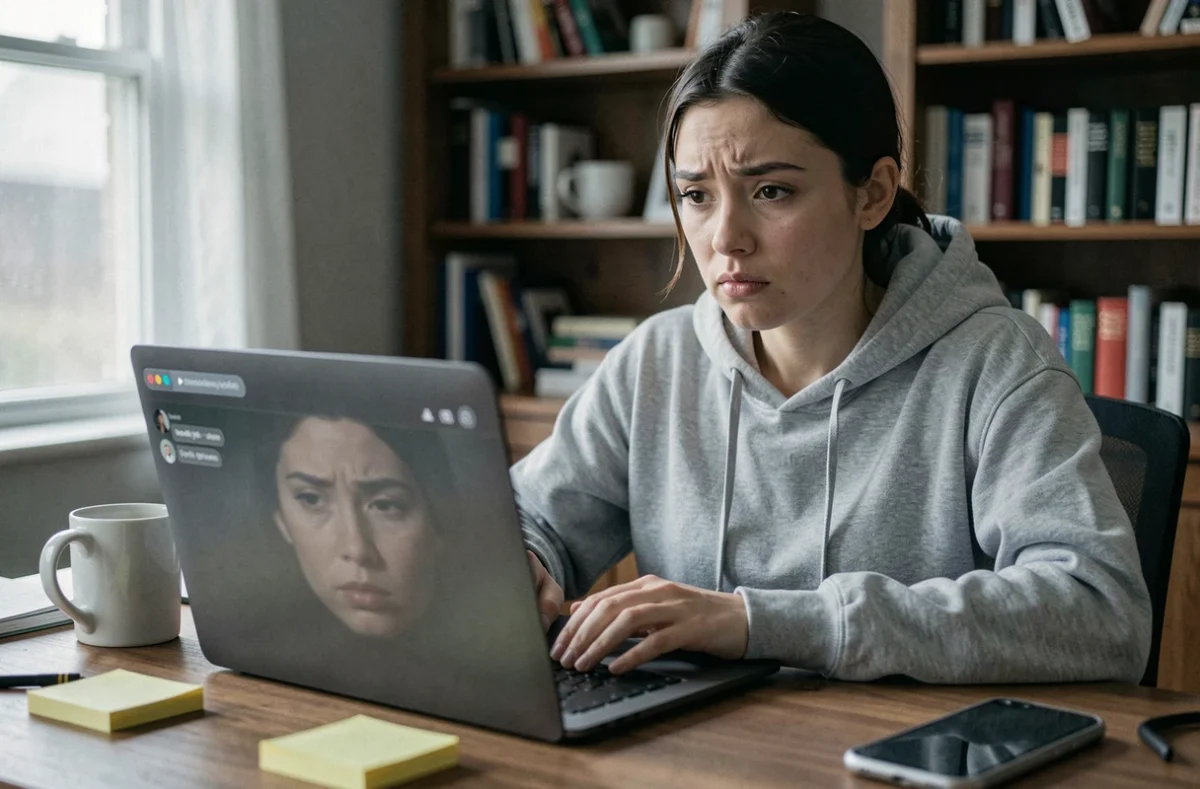 Jeune femme utilisant un site de chat anonyme sur son ordinateur portable à domicile, illustrant les risques pour la confidentialité des données en ligne