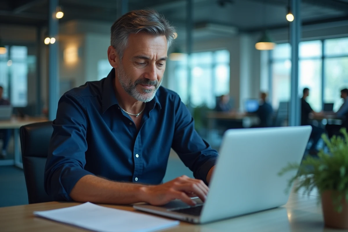 Homme signalant un abus sur Vinted via le support client depuis son bureau professionnel