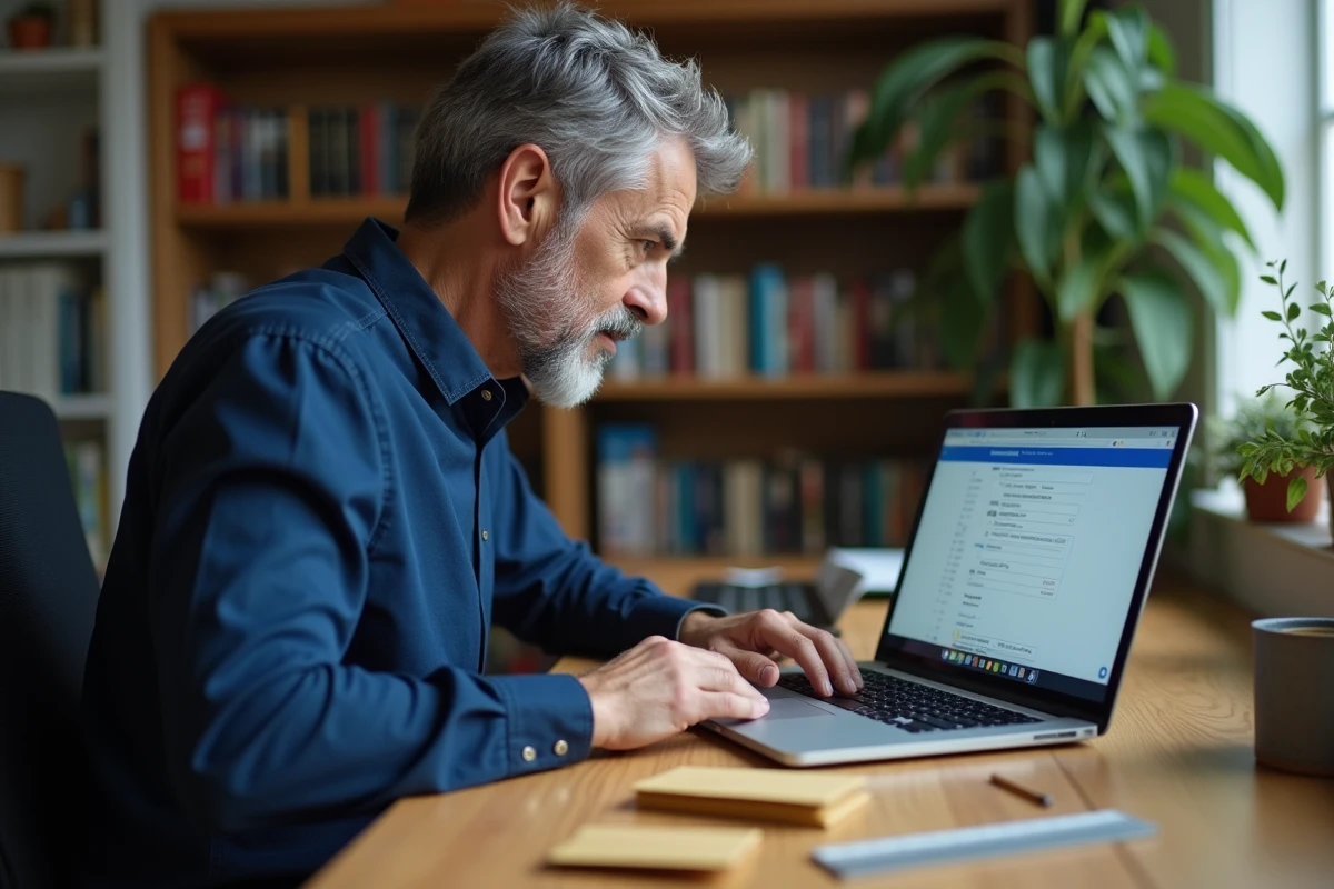 Homme simulant l'affranchissement d'un colis sur un site postal en ligne depuis son bureau