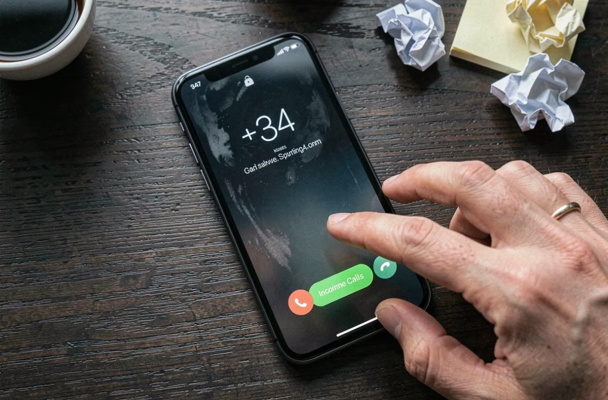 Gros plan d'un smartphone affichant un appel entrant avec le préfixe +34 espagnol posé sur une table en bois