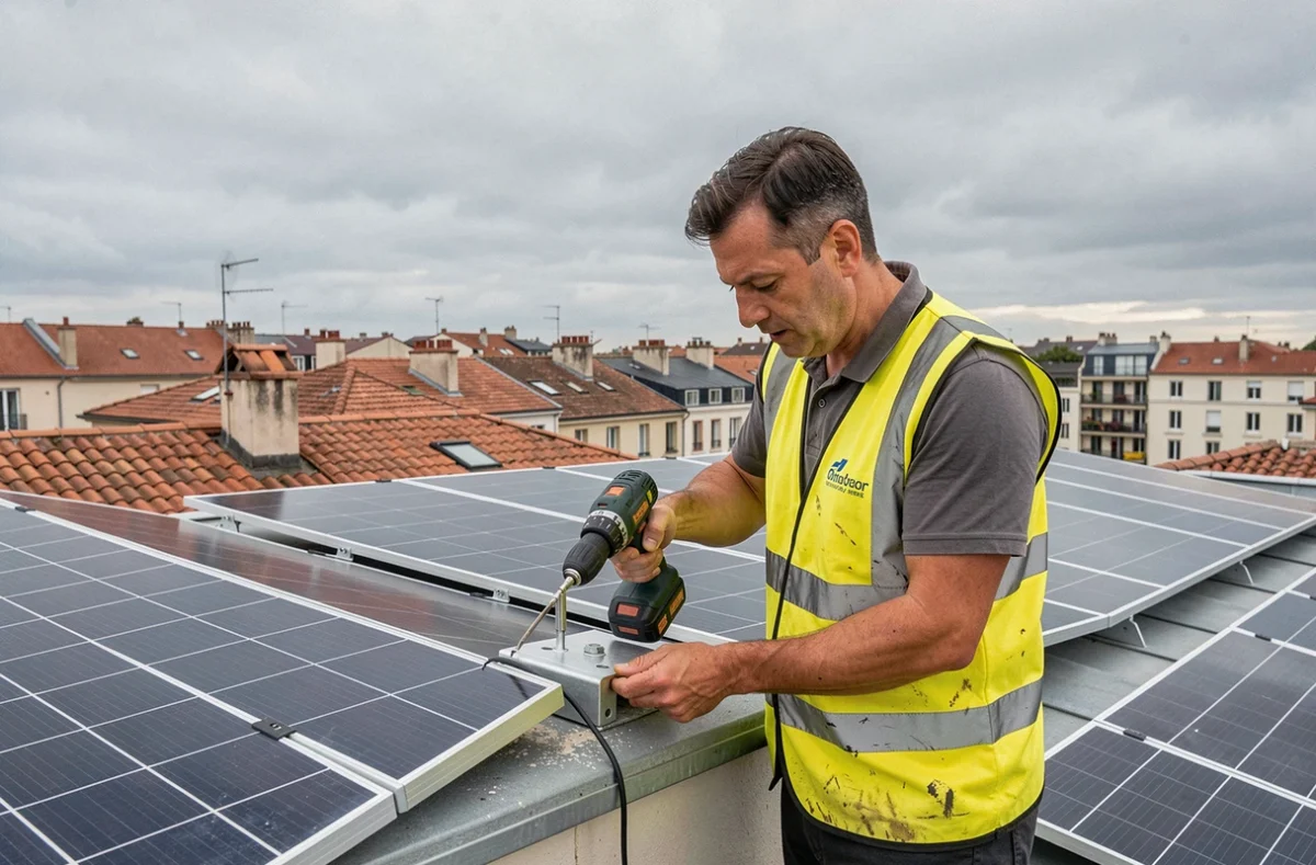 Électricien Solara Electricité installant des panneaux solaires sur un toit résidentiel à Villeurbanne