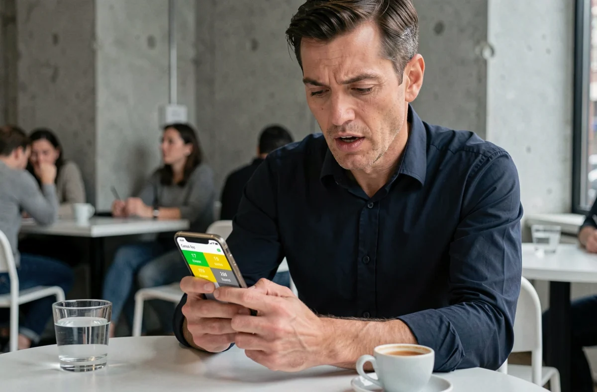 Homme consultant les statistiques de ses parties Wordle sur smartphone dans un café urbain