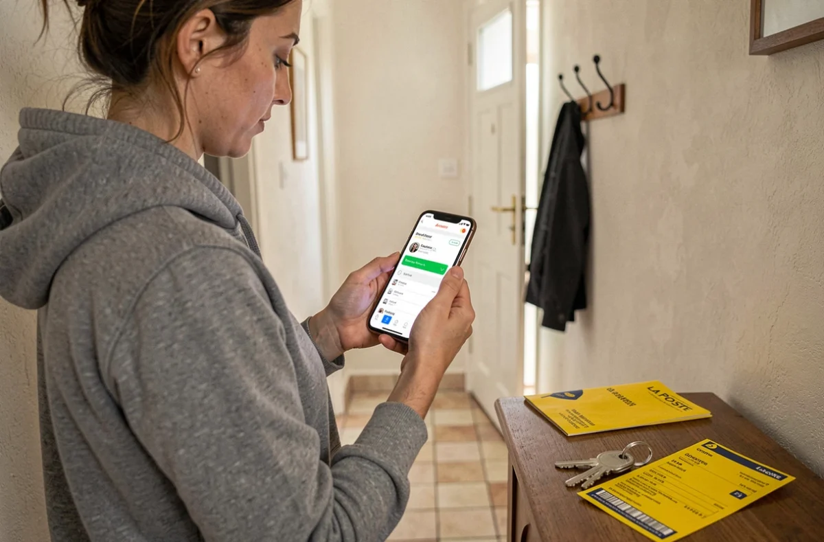 Femme vérifiant le suivi de son courrier recommandé La Poste sur smartphone avec avis de passage