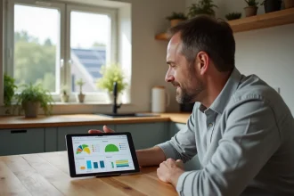 Homme consultant son compte client EDF ENR sur une tablette pour suivre sa production solaire
