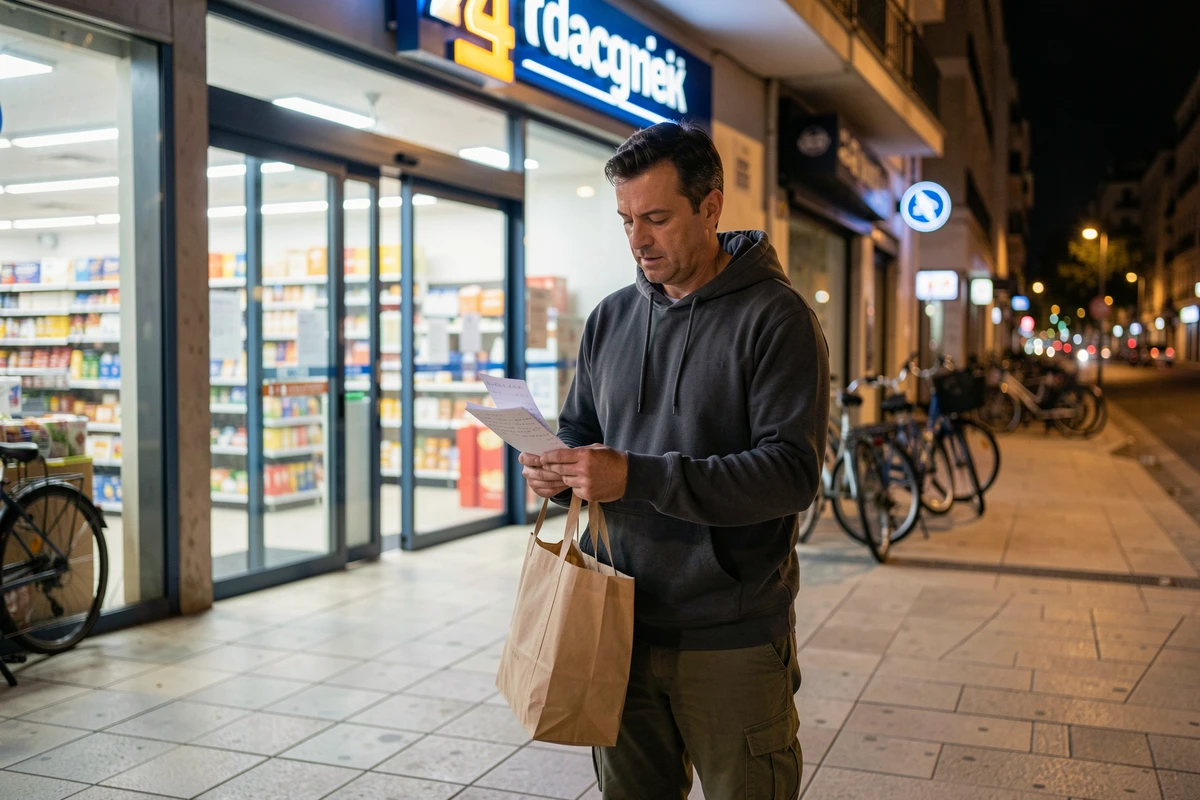 Homme devant un supermarché ouvert la nuit à Montpellier pour une course urgente