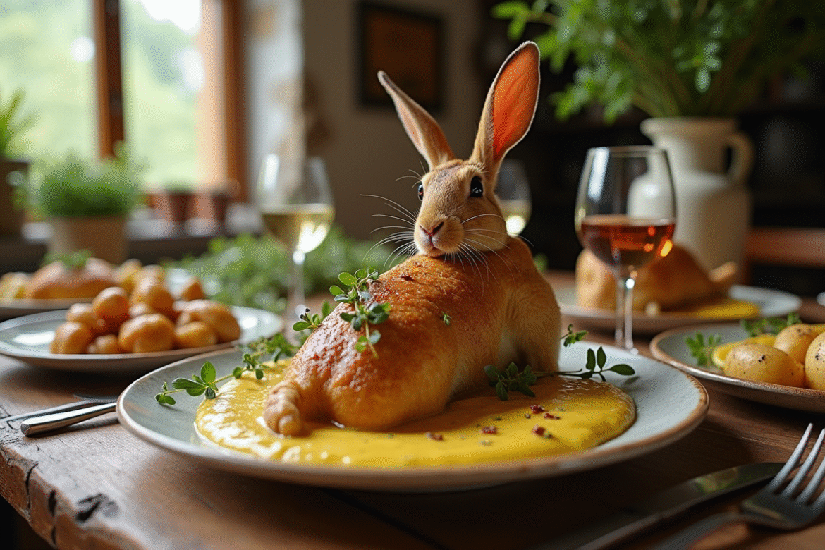 Table rustique française avec lapin au four et herbes fraîches