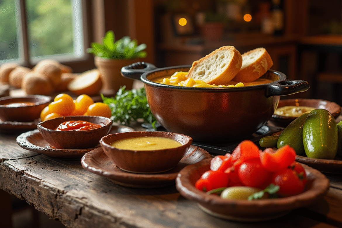 Table rustique pour fondue bourguignonne avec baguette et sauces