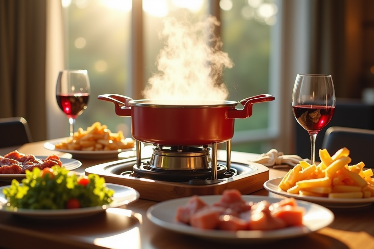 Table moderne avec fondue et plats de viande et salade