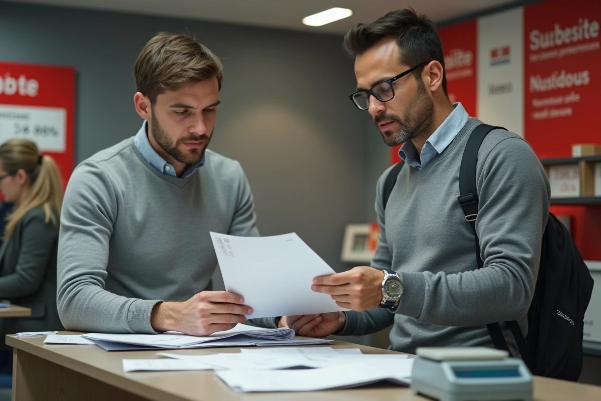 Entrepreneur consultant les tarifs d'affranchissement 2026 au guichet d'un bureau de poste