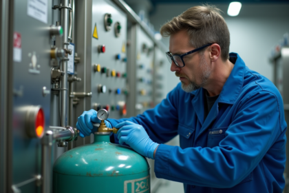 Technicien inspectant un cylindre d'hydrogène en laboratoire