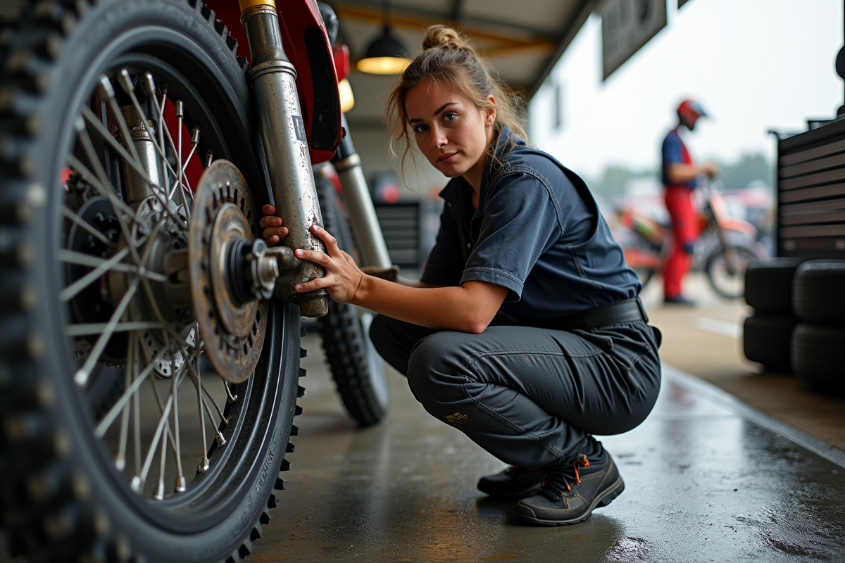 Femme mécanicienne fixant une roue de dirt bike en atelier