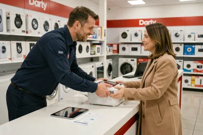 Technicien du service client Darty remettant un appareil réparé à une cliente satisfaite au comptoir de service