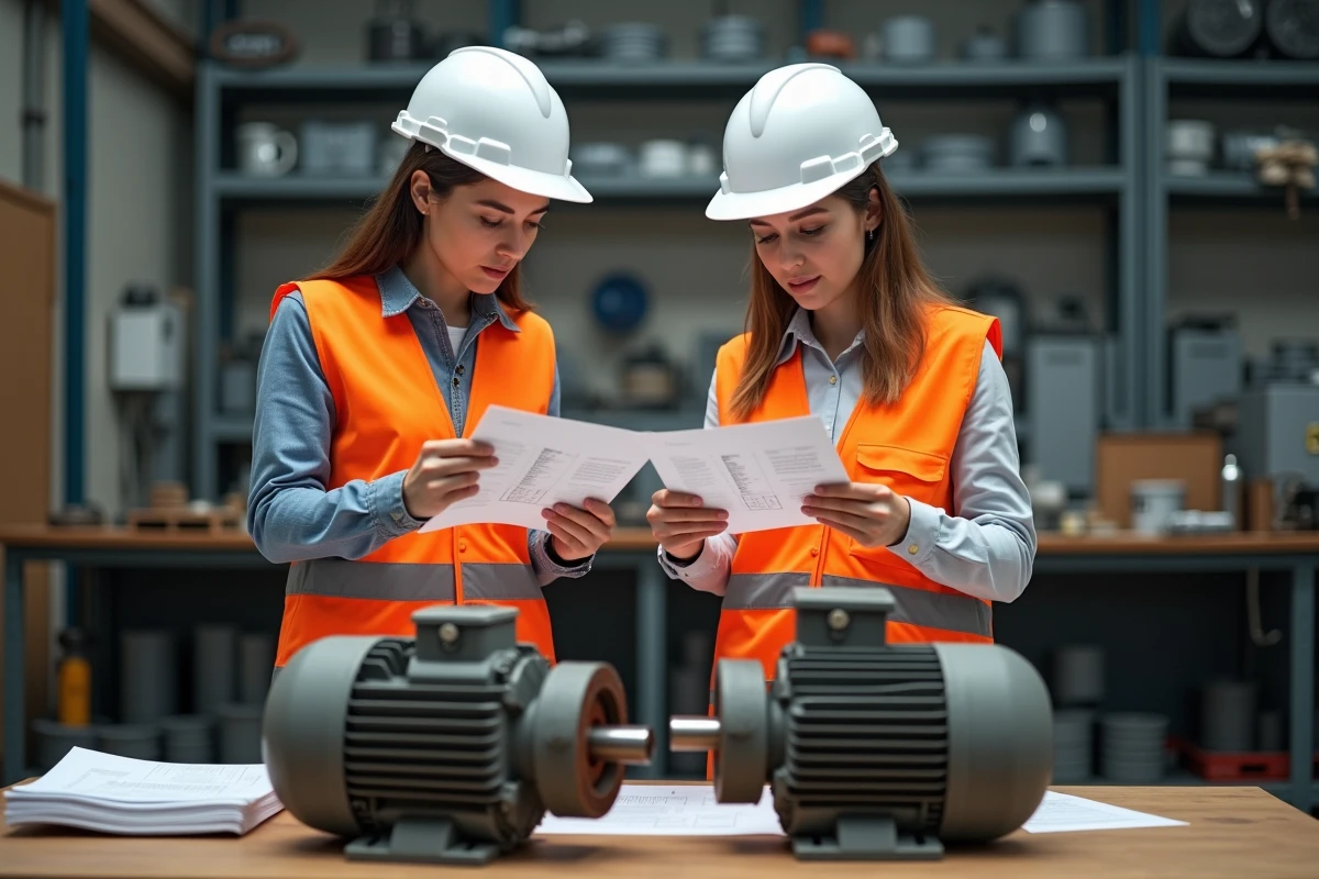 Deux techniciennes comparant des moteurs asynchrones sur un établi d'atelier industriel
