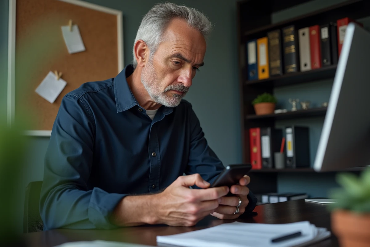 Homme vérifiant un numéro de téléphone inconnu via un service de pages blanches inversées sur smartphone
