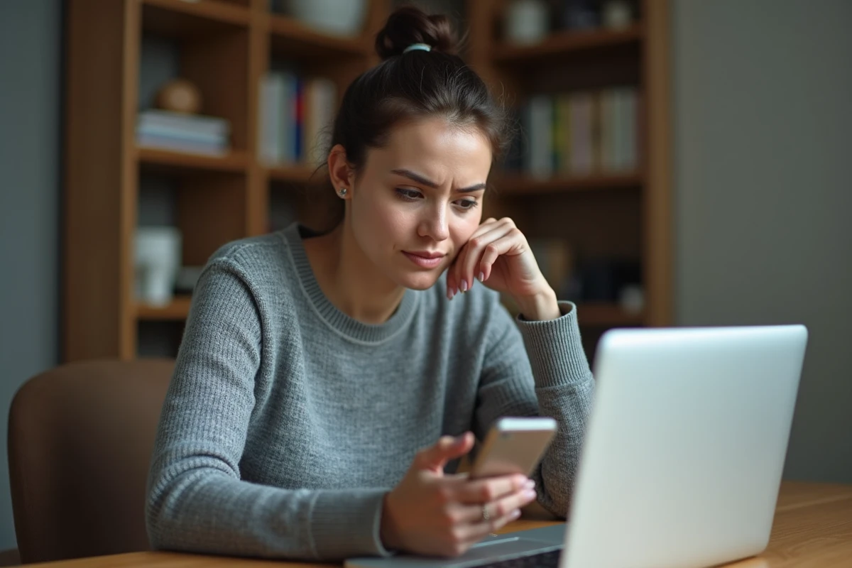 Femme vérifiant la sécurité de son compte Vinted sur smartphone depuis son bureau à domicile