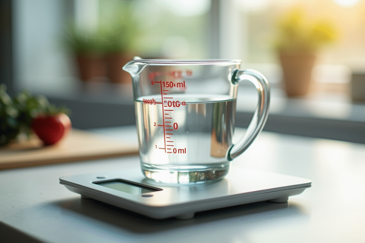 Verre mesureur rempli à 150 ml d'eau sur balance numérique