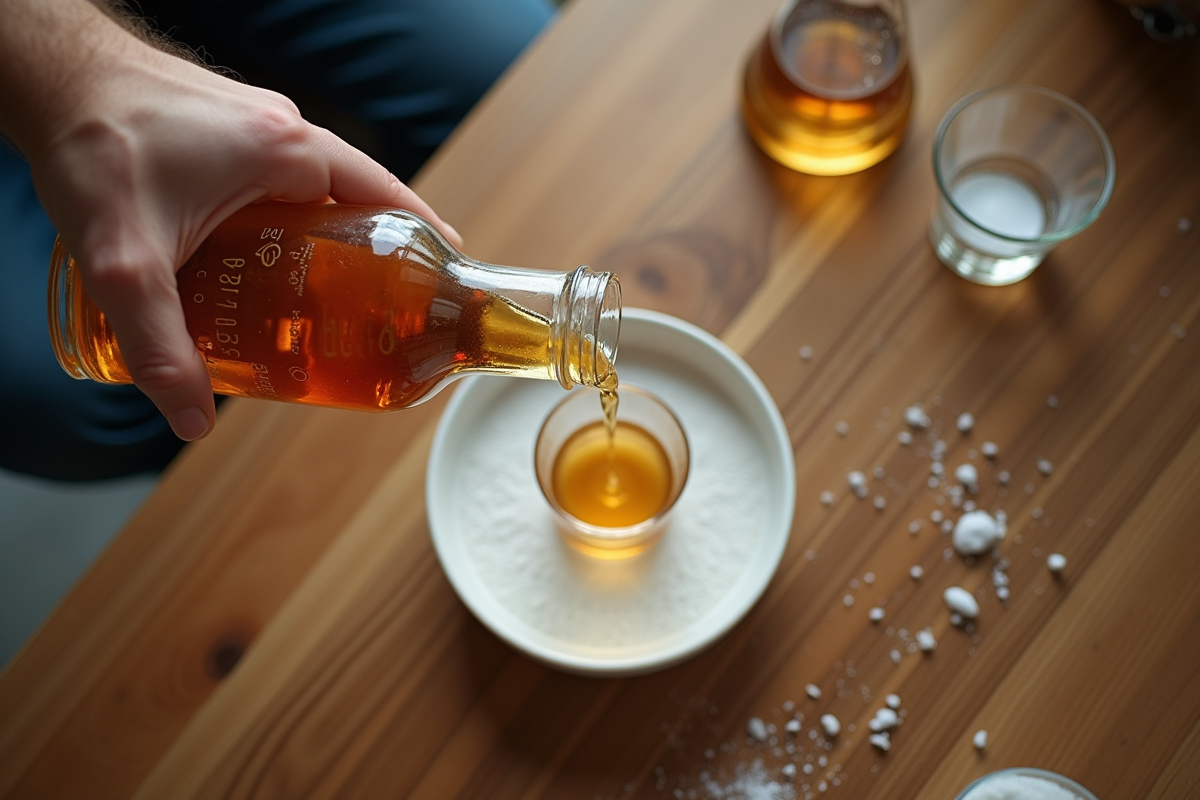 Versement de liquide dans un bécher avec sucre sur table en bois
