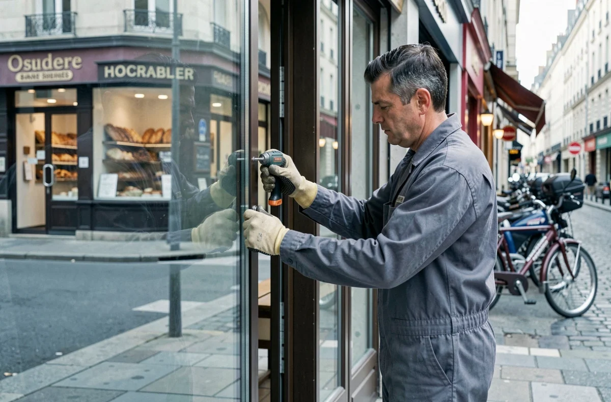 Technicien Vitrerie Abraysienne posant un panneau de verre de remplacement sur une vitrine commerciale